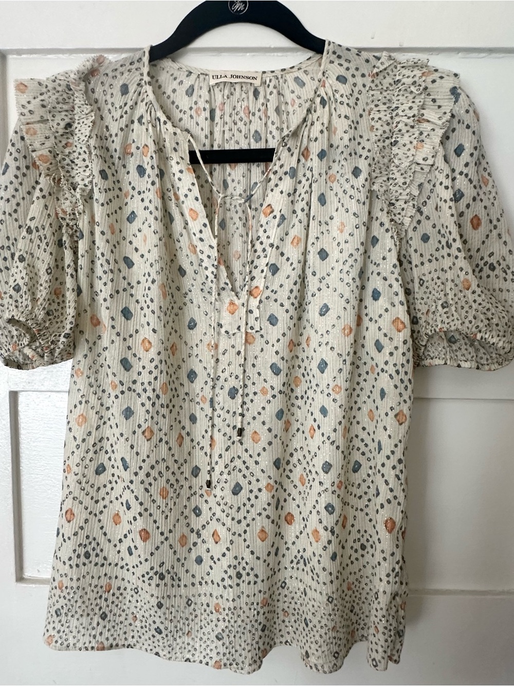 Ulla Johnson Ivory Blouse with Blue and Peach Geometric Print Sz Sm